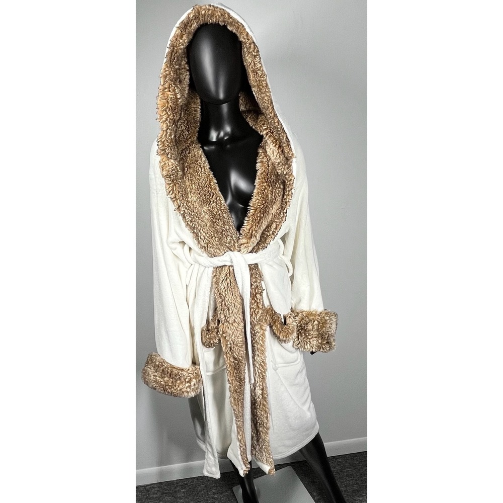 Pottery Barn Cream Robe with Tan Faux-Fur Trim